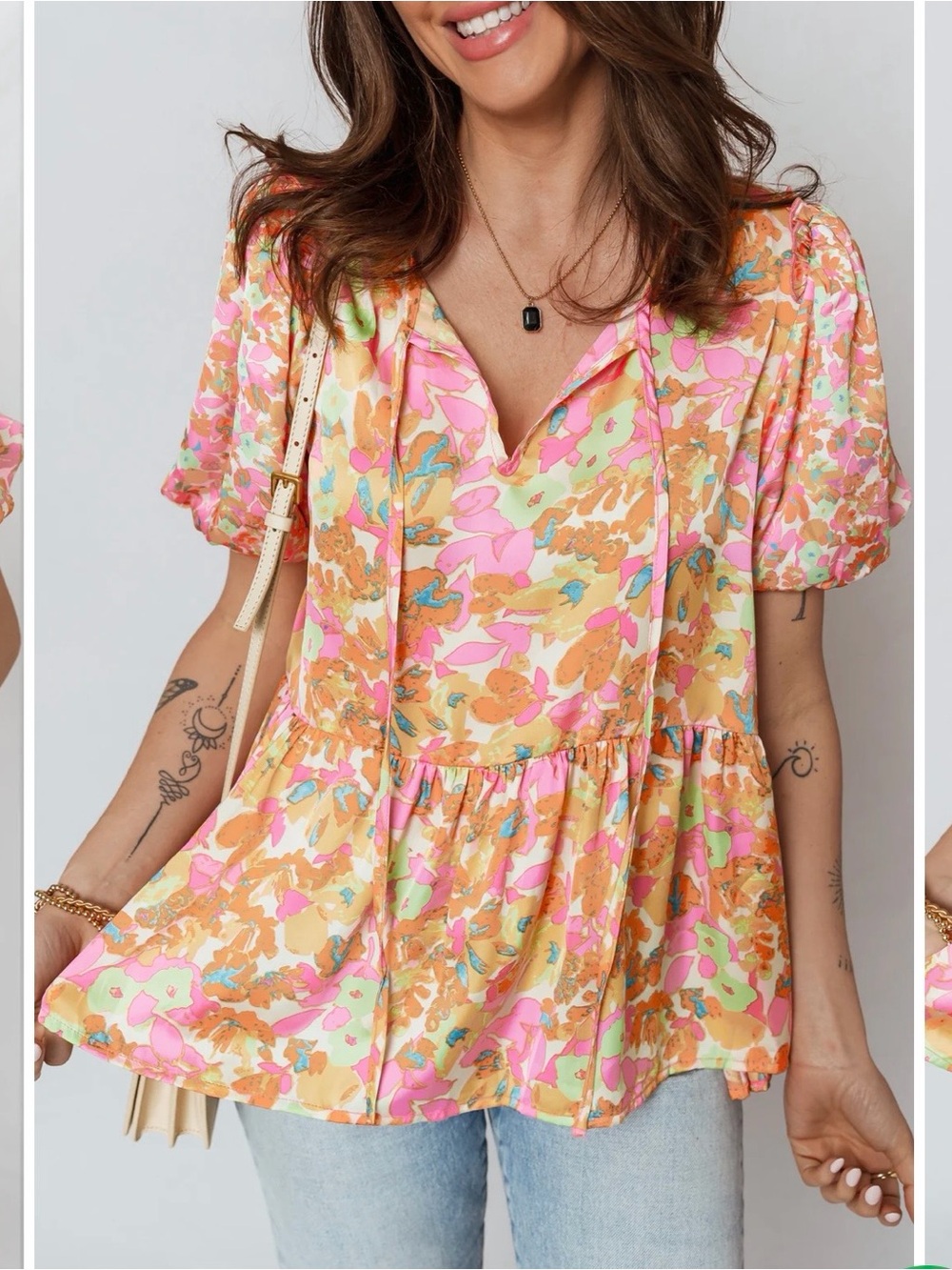 JODIFL Floral Peplum V-Neck Top - Pink, Orange, Cream